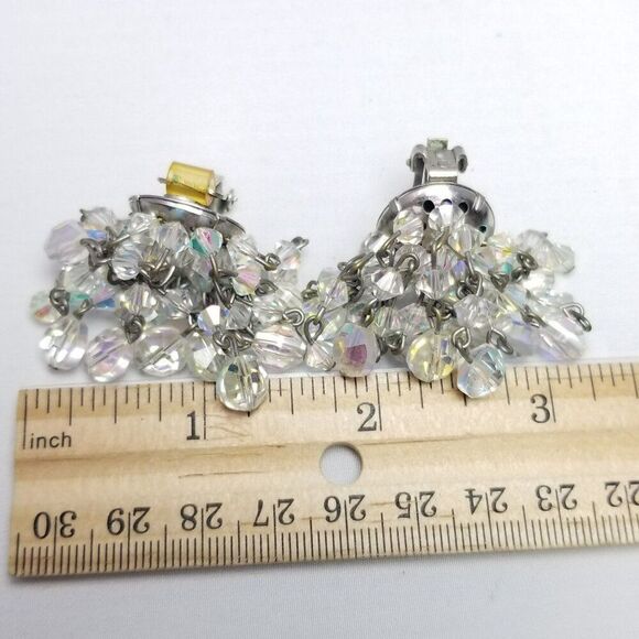 Vintage Hobe Beaded Clear Glass AB Fringe Dangle Clip On Earrings, Signed - Picture 5 of 7